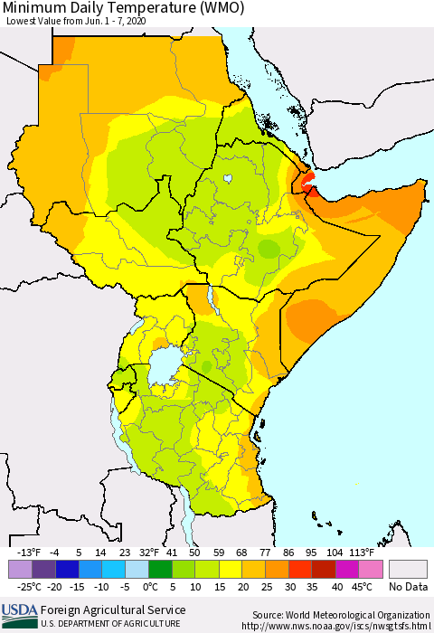 Eastern Africa Minimum Daily Temperature (WMO) Thematic Map For 6/1/2020 - 6/7/2020