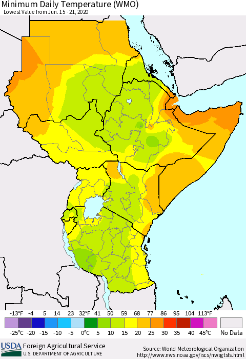Eastern Africa Minimum Daily Temperature (WMO) Thematic Map For 6/15/2020 - 6/21/2020