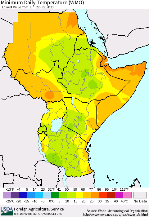 Eastern Africa Minimum Daily Temperature (WMO) Thematic Map For 6/22/2020 - 6/28/2020