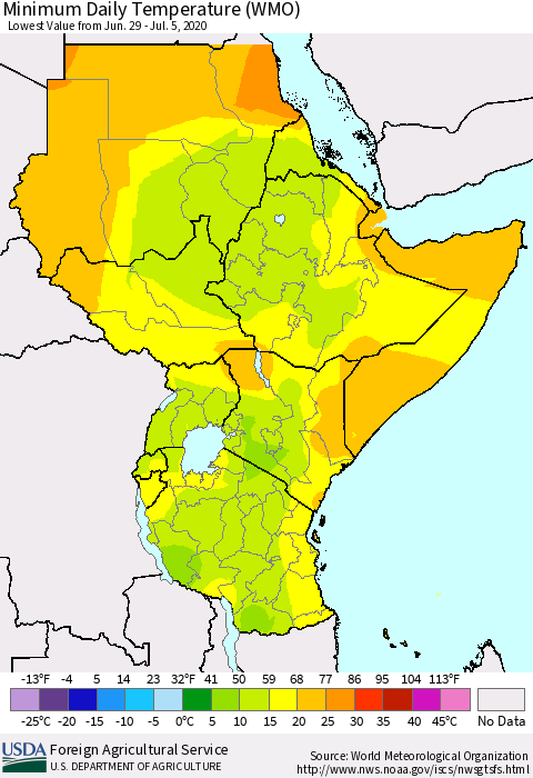 Eastern Africa Minimum Daily Temperature (WMO) Thematic Map For 6/29/2020 - 7/5/2020