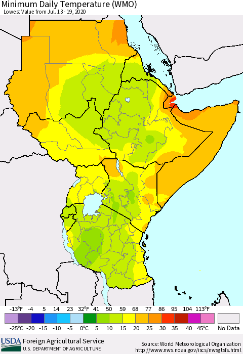 Eastern Africa Minimum Daily Temperature (WMO) Thematic Map For 7/13/2020 - 7/19/2020