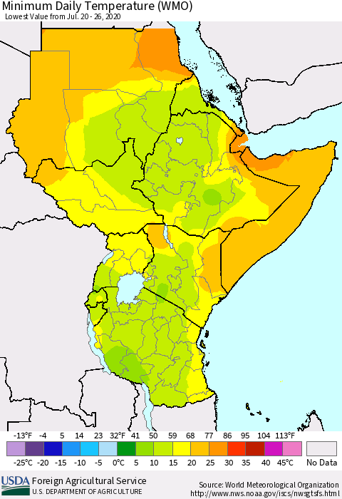 Eastern Africa Minimum Daily Temperature (WMO) Thematic Map For 7/20/2020 - 7/26/2020