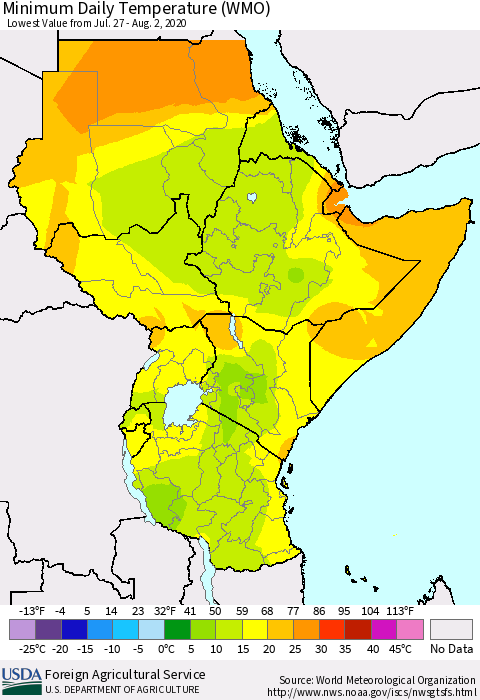 Eastern Africa Minimum Daily Temperature (WMO) Thematic Map For 7/27/2020 - 8/2/2020