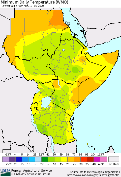 Eastern Africa Minimum Daily Temperature (WMO) Thematic Map For 8/10/2020 - 8/16/2020