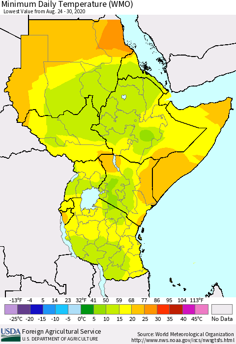 Eastern Africa Minimum Daily Temperature (WMO) Thematic Map For 8/24/2020 - 8/30/2020