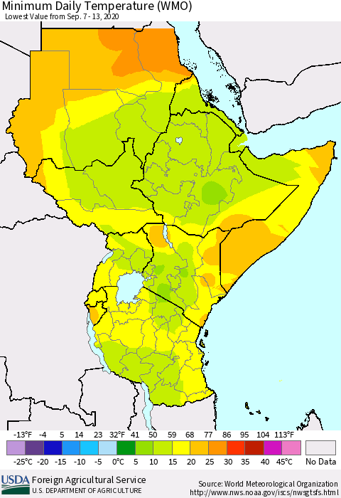 Eastern Africa Minimum Daily Temperature (WMO) Thematic Map For 9/7/2020 - 9/13/2020
