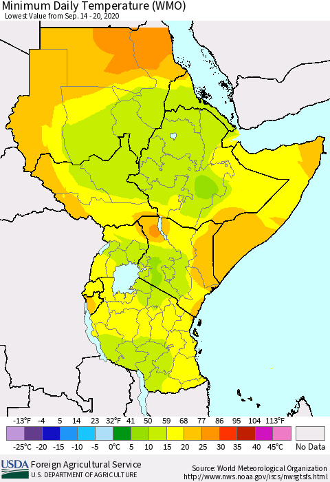 Eastern Africa Minimum Daily Temperature (WMO) Thematic Map For 9/14/2020 - 9/20/2020