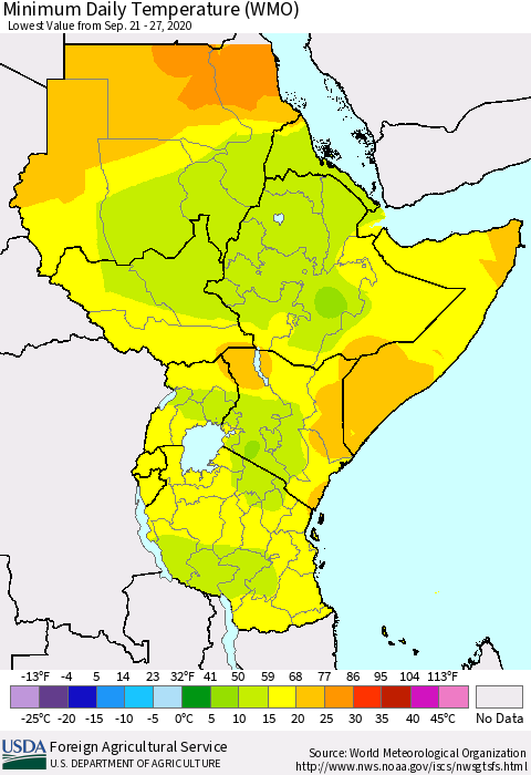 Eastern Africa Minimum Daily Temperature (WMO) Thematic Map For 9/21/2020 - 9/27/2020