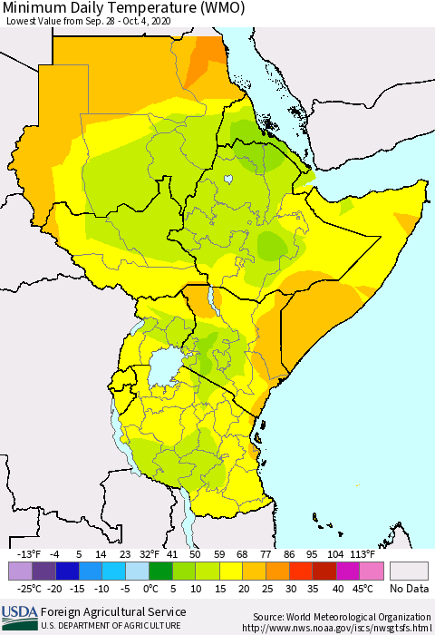 Eastern Africa Minimum Daily Temperature (WMO) Thematic Map For 9/28/2020 - 10/4/2020