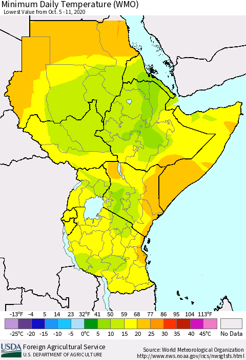 Eastern Africa Minimum Daily Temperature (WMO) Thematic Map For 10/5/2020 - 10/11/2020