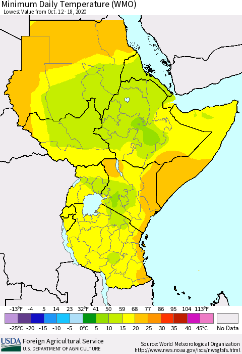 Eastern Africa Minimum Daily Temperature (WMO) Thematic Map For 10/12/2020 - 10/18/2020