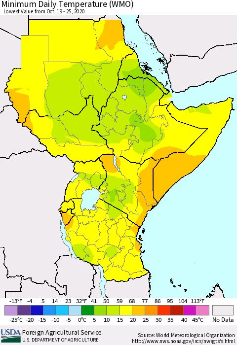 Eastern Africa Minimum Daily Temperature (WMO) Thematic Map For 10/19/2020 - 10/25/2020