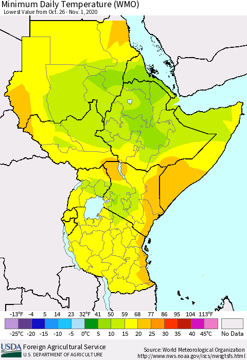 Eastern Africa Minimum Daily Temperature (WMO) Thematic Map For 10/26/2020 - 11/1/2020