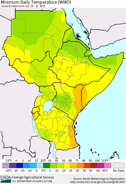 Eastern Africa Minimum Daily Temperature (WMO) Thematic Map For 1/25/2021 - 1/31/2021