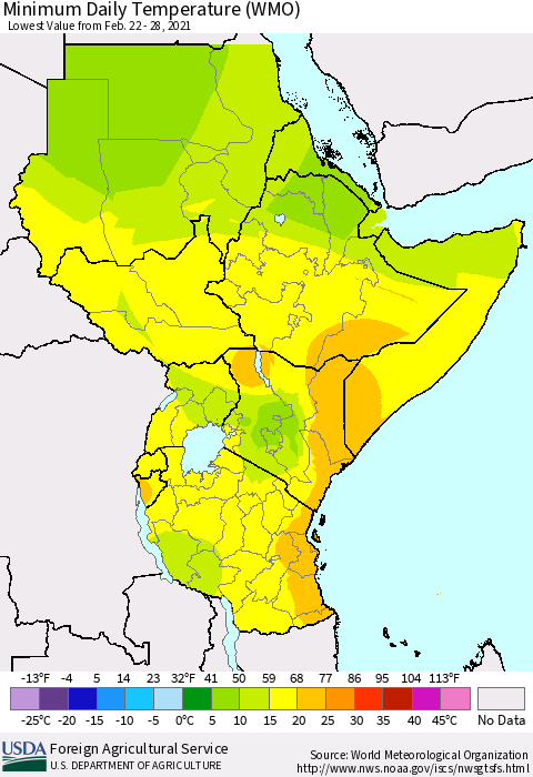 Eastern Africa Minimum Daily Temperature (WMO) Thematic Map For 2/22/2021 - 2/28/2021