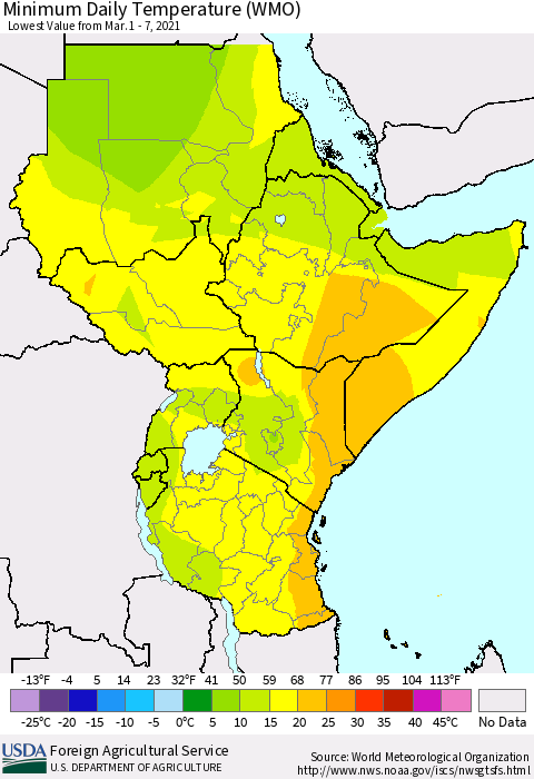 Eastern Africa Minimum Daily Temperature (WMO) Thematic Map For 3/1/2021 - 3/7/2021