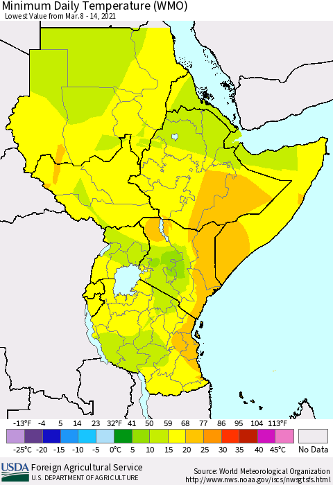 Eastern Africa Minimum Daily Temperature (WMO) Thematic Map For 3/8/2021 - 3/14/2021