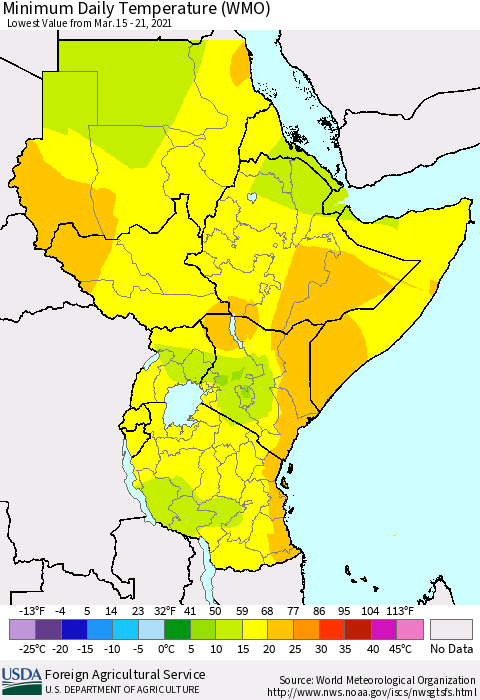 Eastern Africa Minimum Daily Temperature (WMO) Thematic Map For 3/15/2021 - 3/21/2021