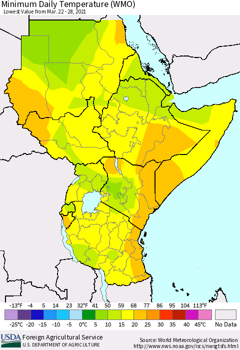 Eastern Africa Minimum Daily Temperature (WMO) Thematic Map For 3/22/2021 - 3/28/2021