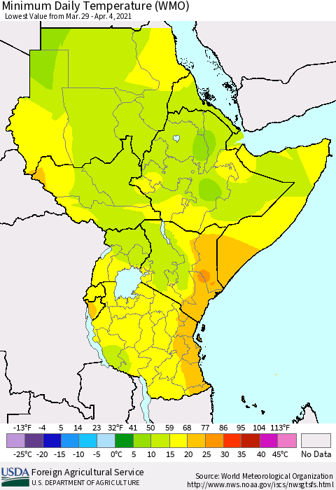 Eastern Africa Minimum Daily Temperature (WMO) Thematic Map For 3/29/2021 - 4/4/2021