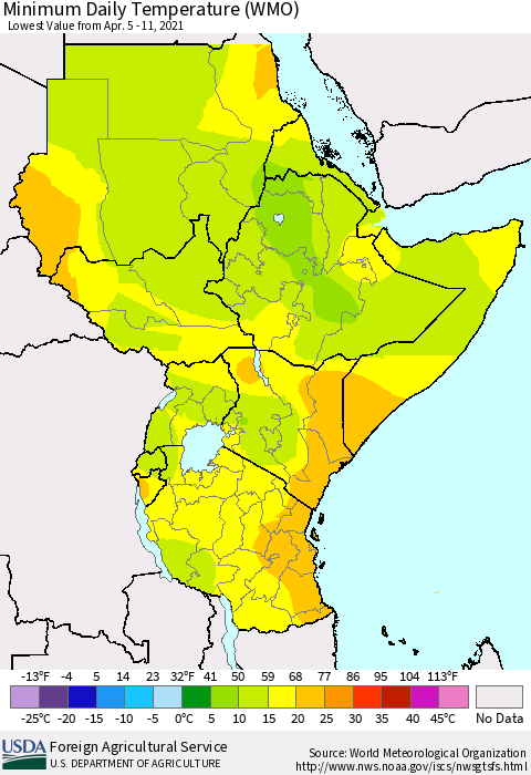 Eastern Africa Minimum Daily Temperature (WMO) Thematic Map For 4/5/2021 - 4/11/2021
