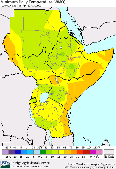 Eastern Africa Minimum Daily Temperature (WMO) Thematic Map For 4/12/2021 - 4/18/2021