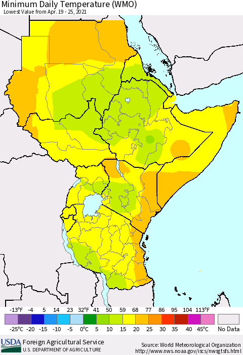 Eastern Africa Minimum Daily Temperature (WMO) Thematic Map For 4/19/2021 - 4/25/2021