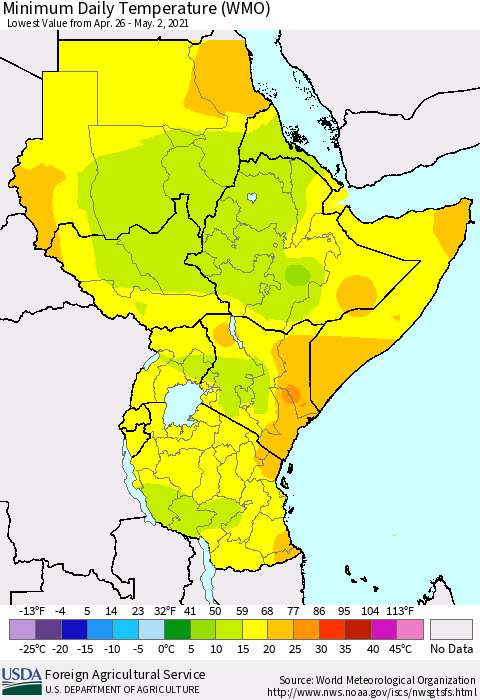 Eastern Africa Minimum Daily Temperature (WMO) Thematic Map For 4/26/2021 - 5/2/2021
