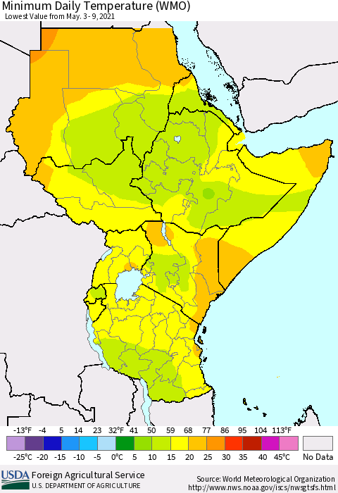 Eastern Africa Minimum Daily Temperature (WMO) Thematic Map For 5/3/2021 - 5/9/2021