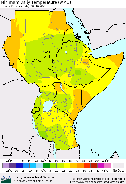Eastern Africa Minimum Daily Temperature (WMO) Thematic Map For 5/10/2021 - 5/16/2021