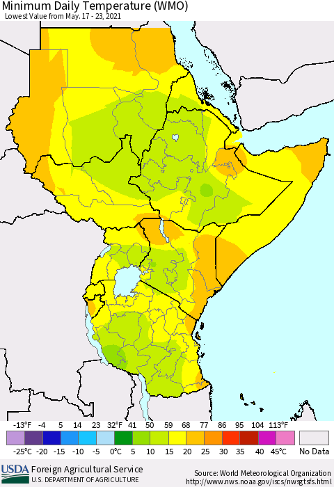 Eastern Africa Minimum Daily Temperature (WMO) Thematic Map For 5/17/2021 - 5/23/2021