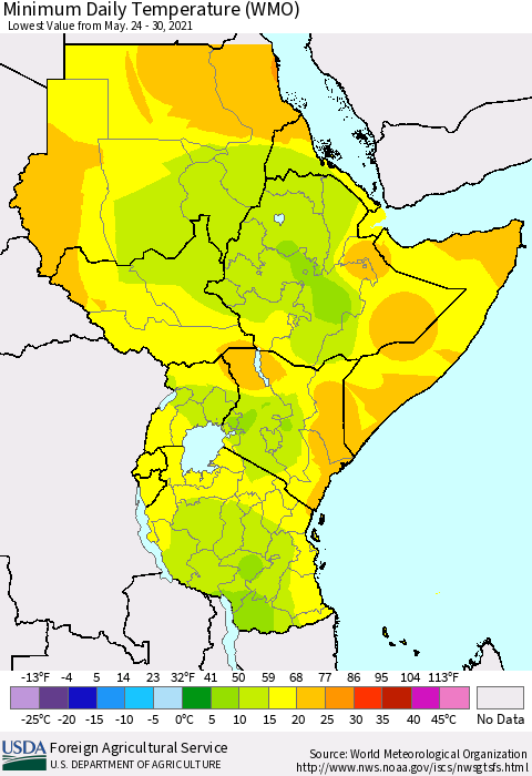 Eastern Africa Minimum Daily Temperature (WMO) Thematic Map For 5/24/2021 - 5/30/2021