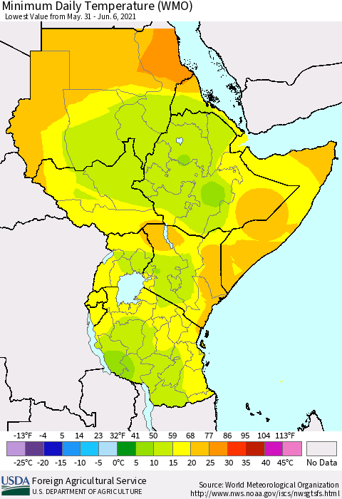 Eastern Africa Minimum Daily Temperature (WMO) Thematic Map For 5/31/2021 - 6/6/2021