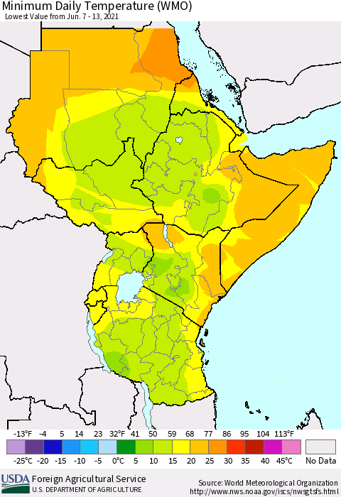 Eastern Africa Minimum Daily Temperature (WMO) Thematic Map For 6/7/2021 - 6/13/2021
