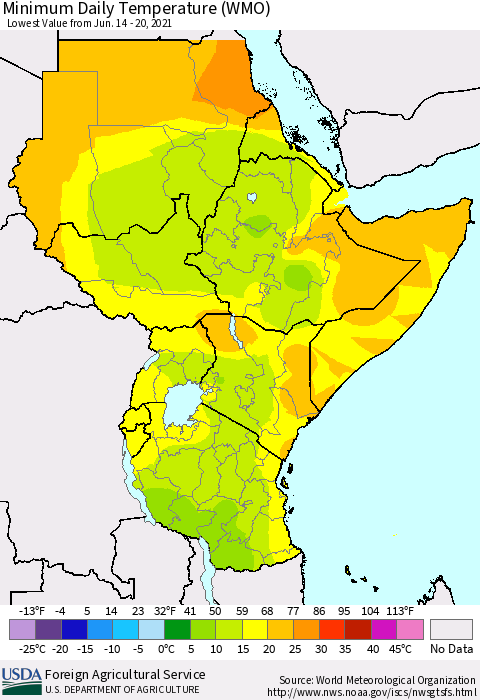 Eastern Africa Minimum Daily Temperature (WMO) Thematic Map For 6/14/2021 - 6/20/2021