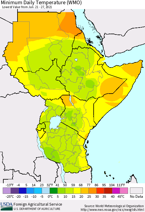 Eastern Africa Minimum Daily Temperature (WMO) Thematic Map For 6/21/2021 - 6/27/2021