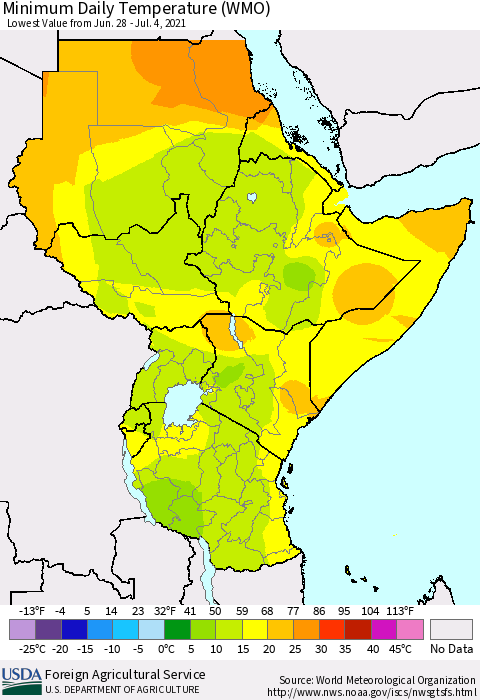 Eastern Africa Minimum Daily Temperature (WMO) Thematic Map For 6/28/2021 - 7/4/2021