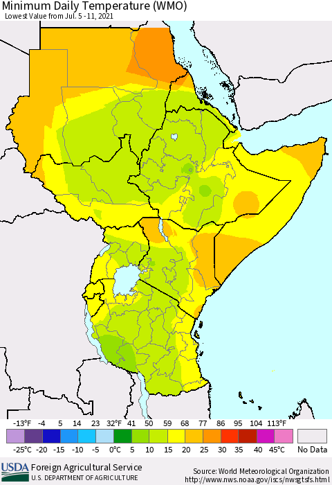 Eastern Africa Minimum Daily Temperature (WMO) Thematic Map For 7/5/2021 - 7/11/2021