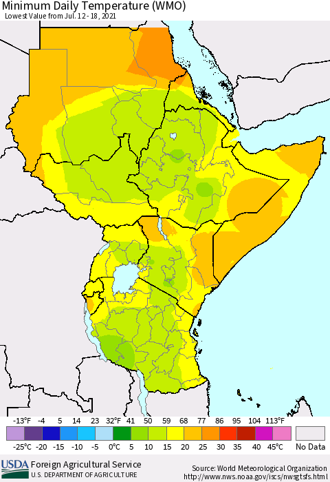 Eastern Africa Minimum Daily Temperature (WMO) Thematic Map For 7/12/2021 - 7/18/2021