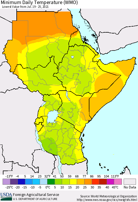 Eastern Africa Minimum Daily Temperature (WMO) Thematic Map For 7/19/2021 - 7/25/2021