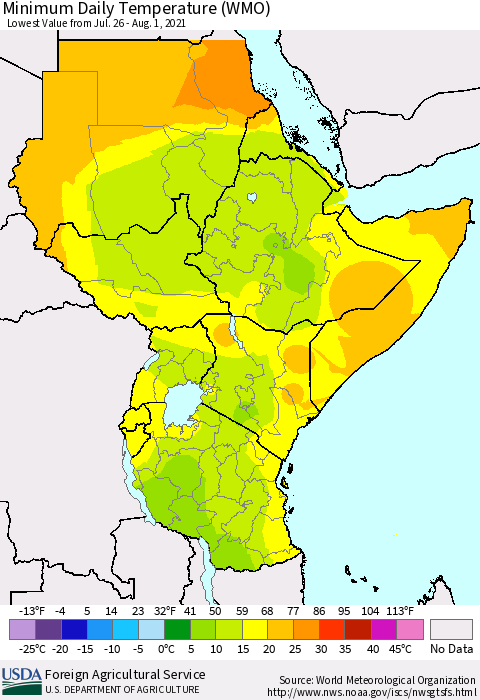 Eastern Africa Minimum Daily Temperature (WMO) Thematic Map For 7/26/2021 - 8/1/2021