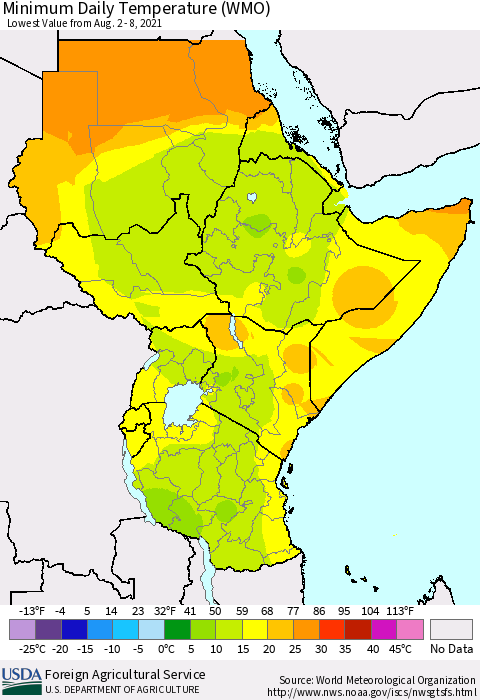 Eastern Africa Minimum Daily Temperature (WMO) Thematic Map For 8/2/2021 - 8/8/2021