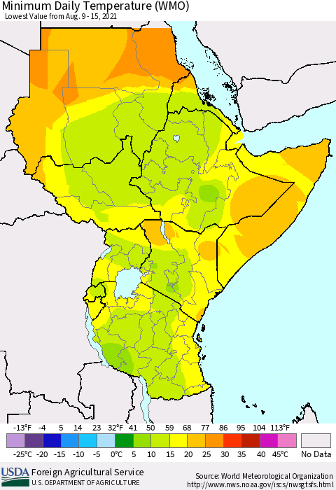 Eastern Africa Minimum Daily Temperature (WMO) Thematic Map For 8/9/2021 - 8/15/2021