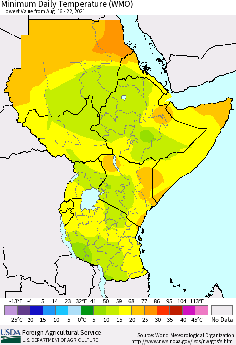 Eastern Africa Minimum Daily Temperature (WMO) Thematic Map For 8/16/2021 - 8/22/2021