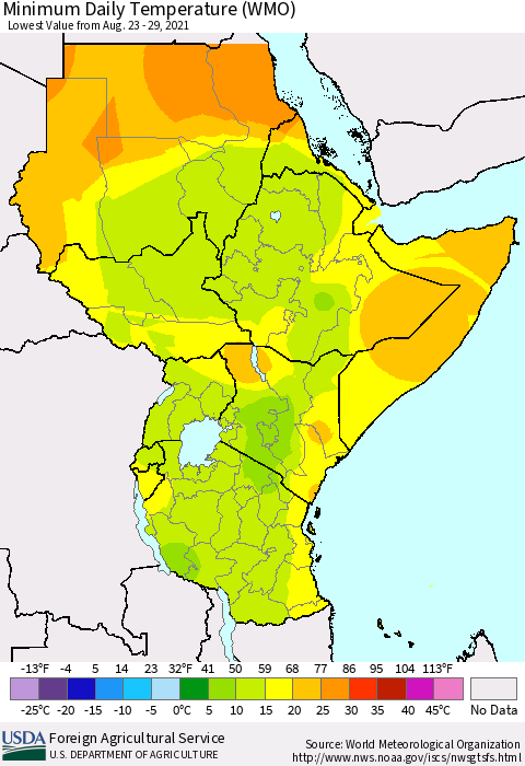 Eastern Africa Minimum Daily Temperature (WMO) Thematic Map For 8/23/2021 - 8/29/2021