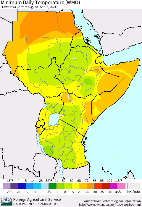 Eastern Africa Minimum Daily Temperature (WMO) Thematic Map For 8/30/2021 - 9/5/2021