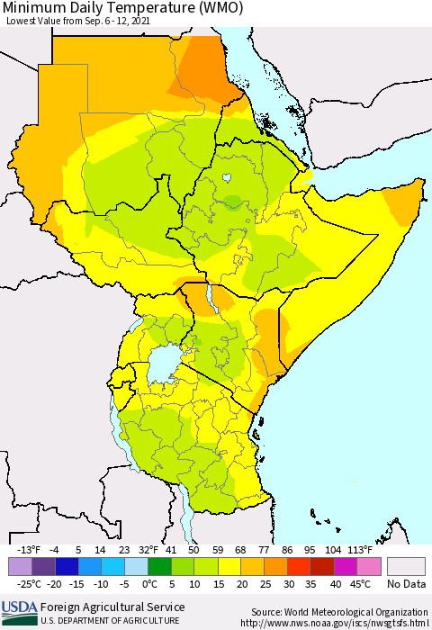 Eastern Africa Minimum Daily Temperature (WMO) Thematic Map For 9/6/2021 - 9/12/2021
