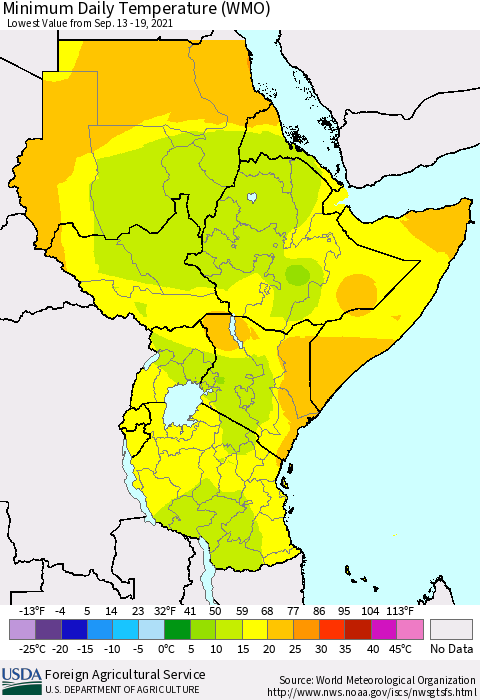 Eastern Africa Minimum Daily Temperature (WMO) Thematic Map For 9/13/2021 - 9/19/2021