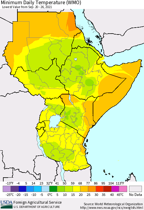 Eastern Africa Minimum Daily Temperature (WMO) Thematic Map For 9/20/2021 - 9/26/2021
