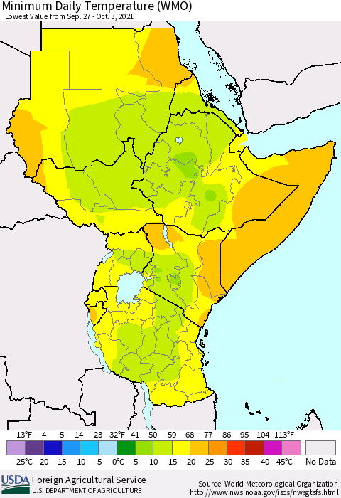 Eastern Africa Minimum Daily Temperature (WMO) Thematic Map For 9/27/2021 - 10/3/2021